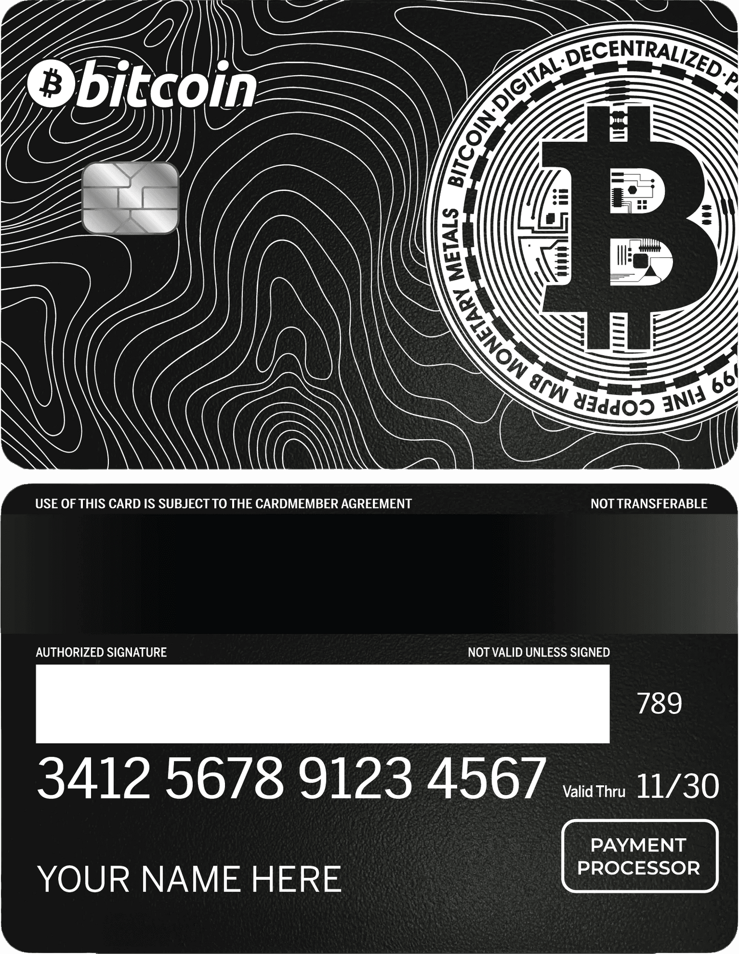 Black metal bitcoin card with circuit design, silver chip, and payment processor details.