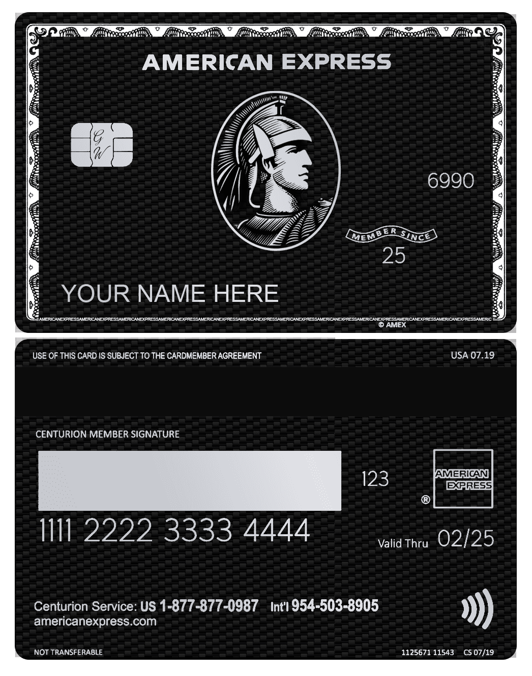 Custom metal American Express black card with carbon fiber texture design, front and back views
