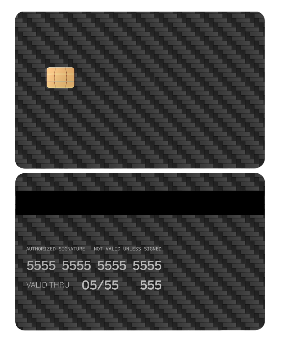 Carbon fiber pattern metal card with chip, black stripe, and printed numbers.