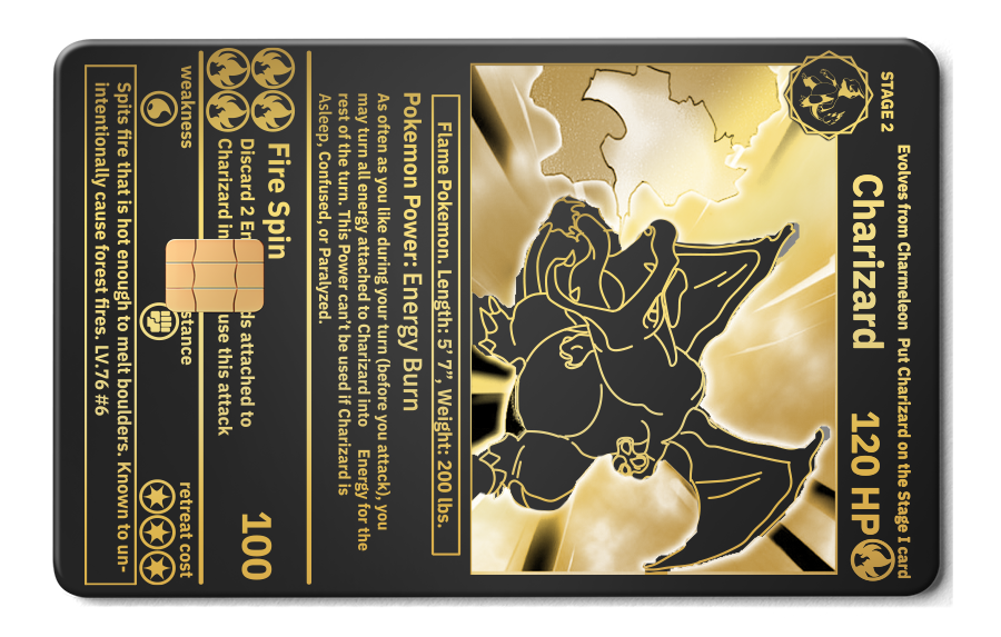 Charizard metal card with premium luxury design, vibrant color variation, and high-end metal card craftsmanship for international collectors