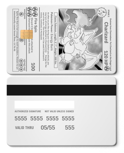 Premium Charizard metal card featuring sleek metal card construction and vibrant custom color variations for collectors
