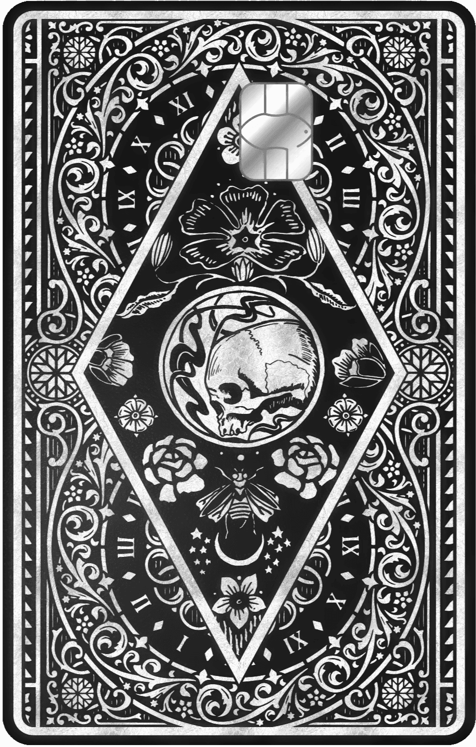 Silver metal card featuring skull, roses, moth, and roman numerals in ornate gothic design