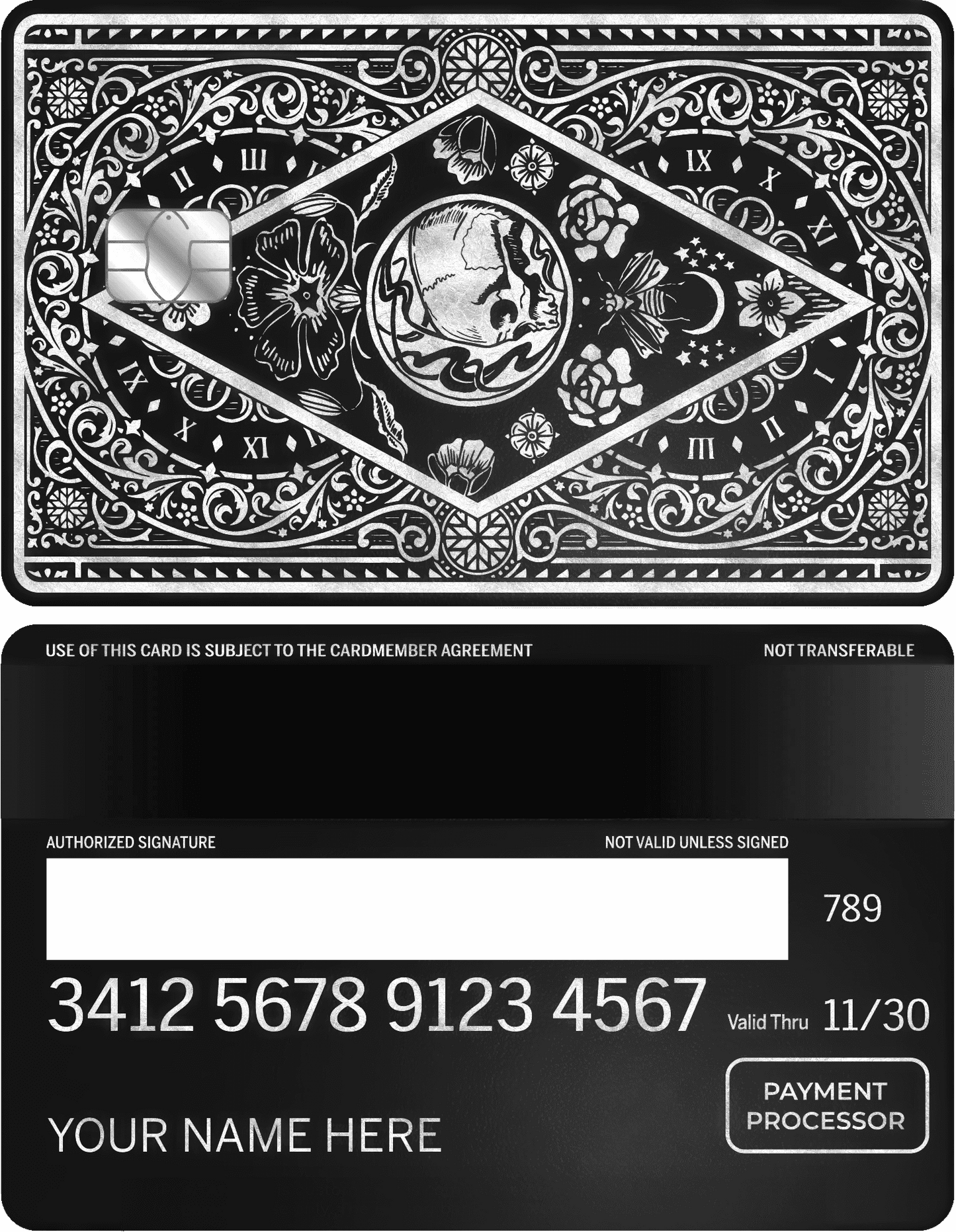 Silver metal card with ornate skull, roses, clock motif, and gothic decorative border.