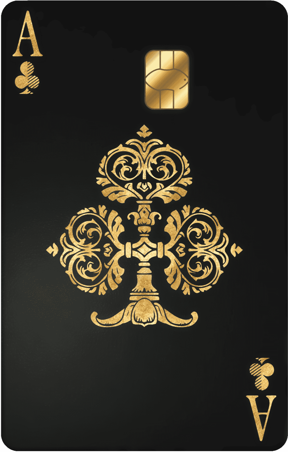 Luxury metal ace of clubs card with gold ornate design and gold chip on black background