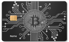 Metal card with Bitcoin symbol, circuit design, chip, and 'Name' text on black background.