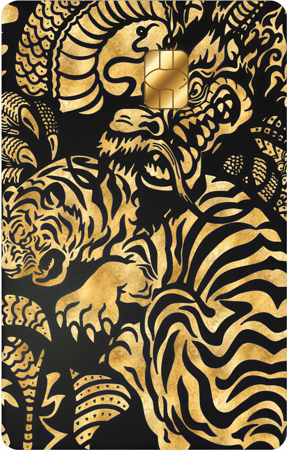 Gold dragon and tiger design on black metal card with chip, luxury metal card artwork
