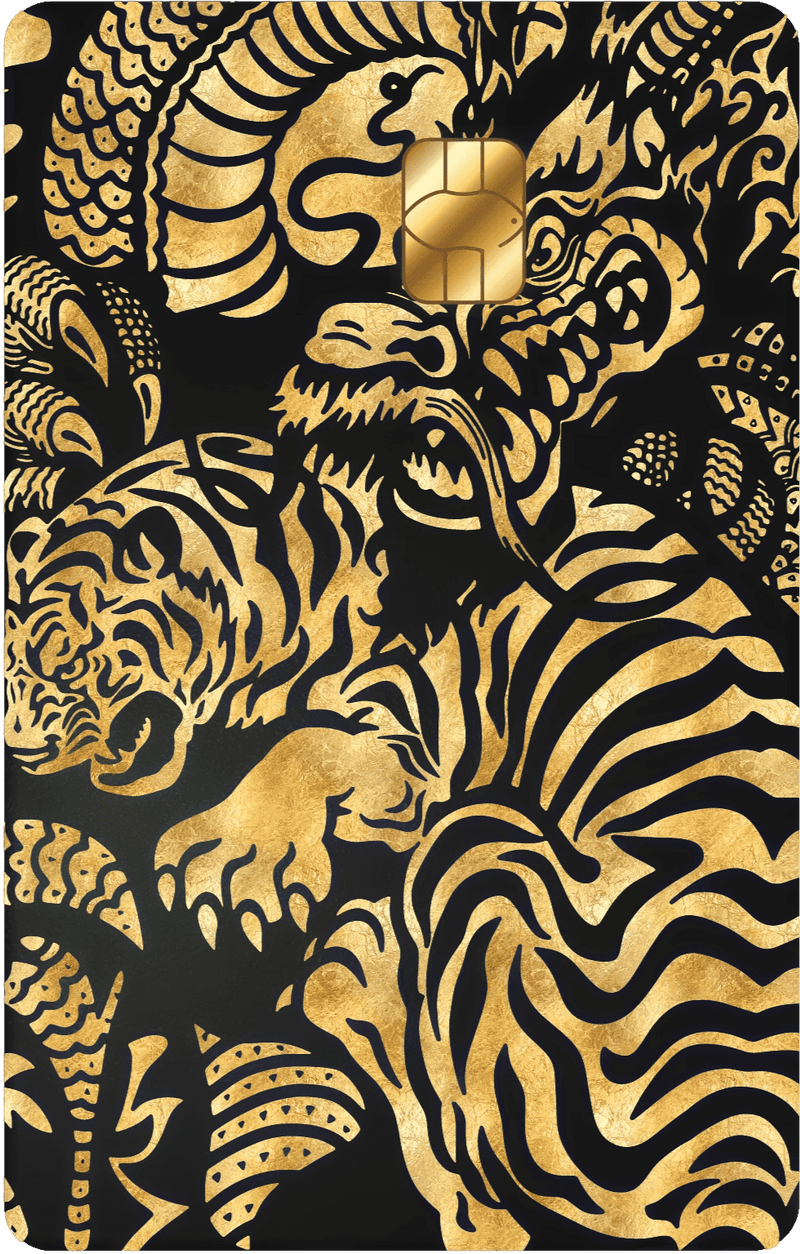 Gold dragon and tiger design on black metal card with chip, luxury metal card artwork