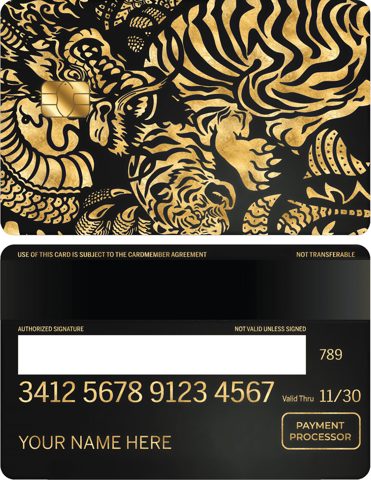 Gold metal card with dragon and tiger design, black background, and chip for secure payment.