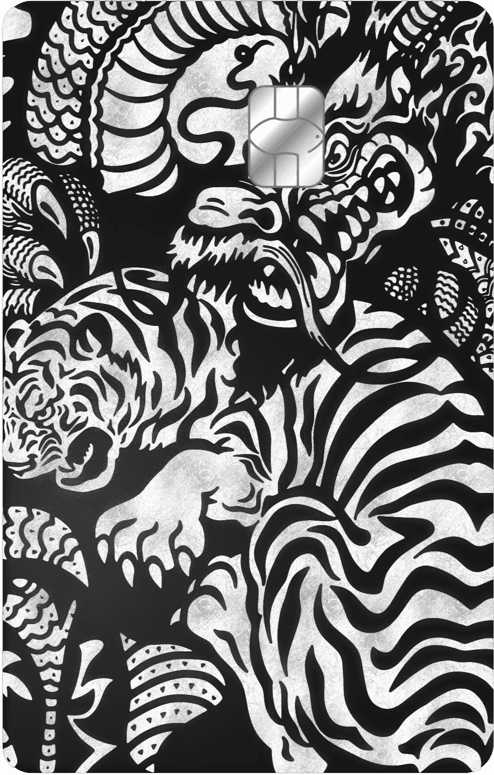 Silver metal card with dragon and tiger design, black background, embossed chip visible