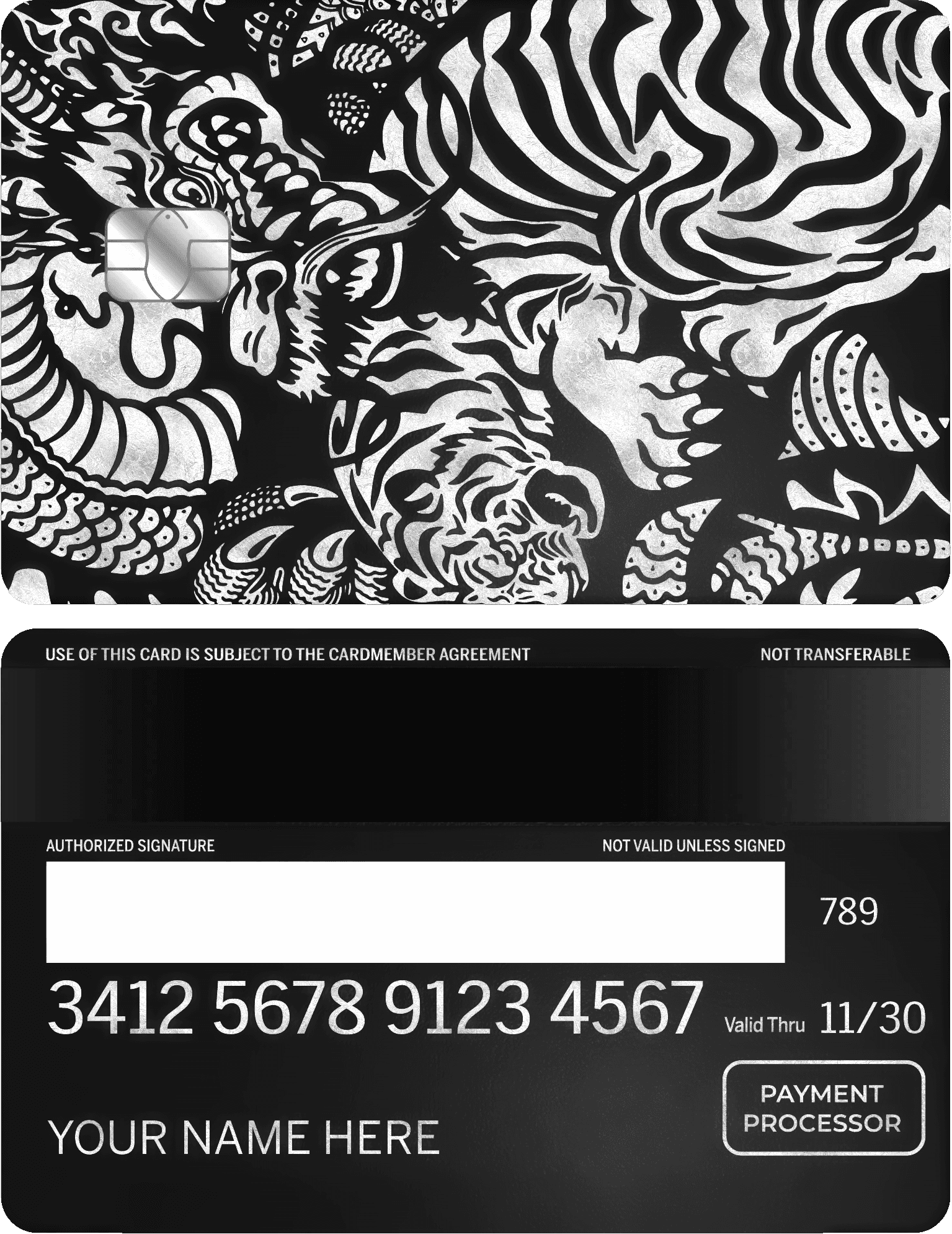 Silver metal card with engraved dragon and tiger design, chip, and payment details visible.