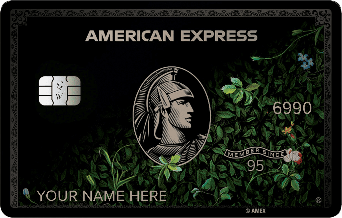 Black metal American Express card with floral background design and custom name option
