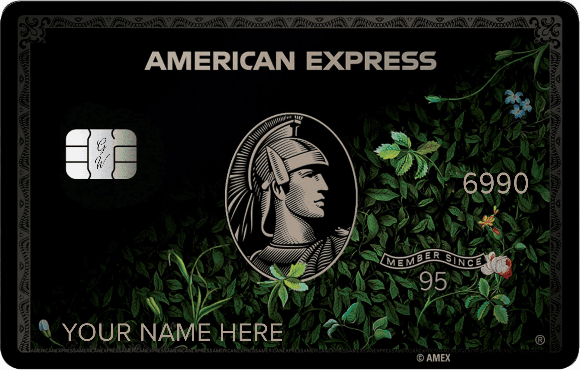Black metal American Express card with floral background design and custom name option