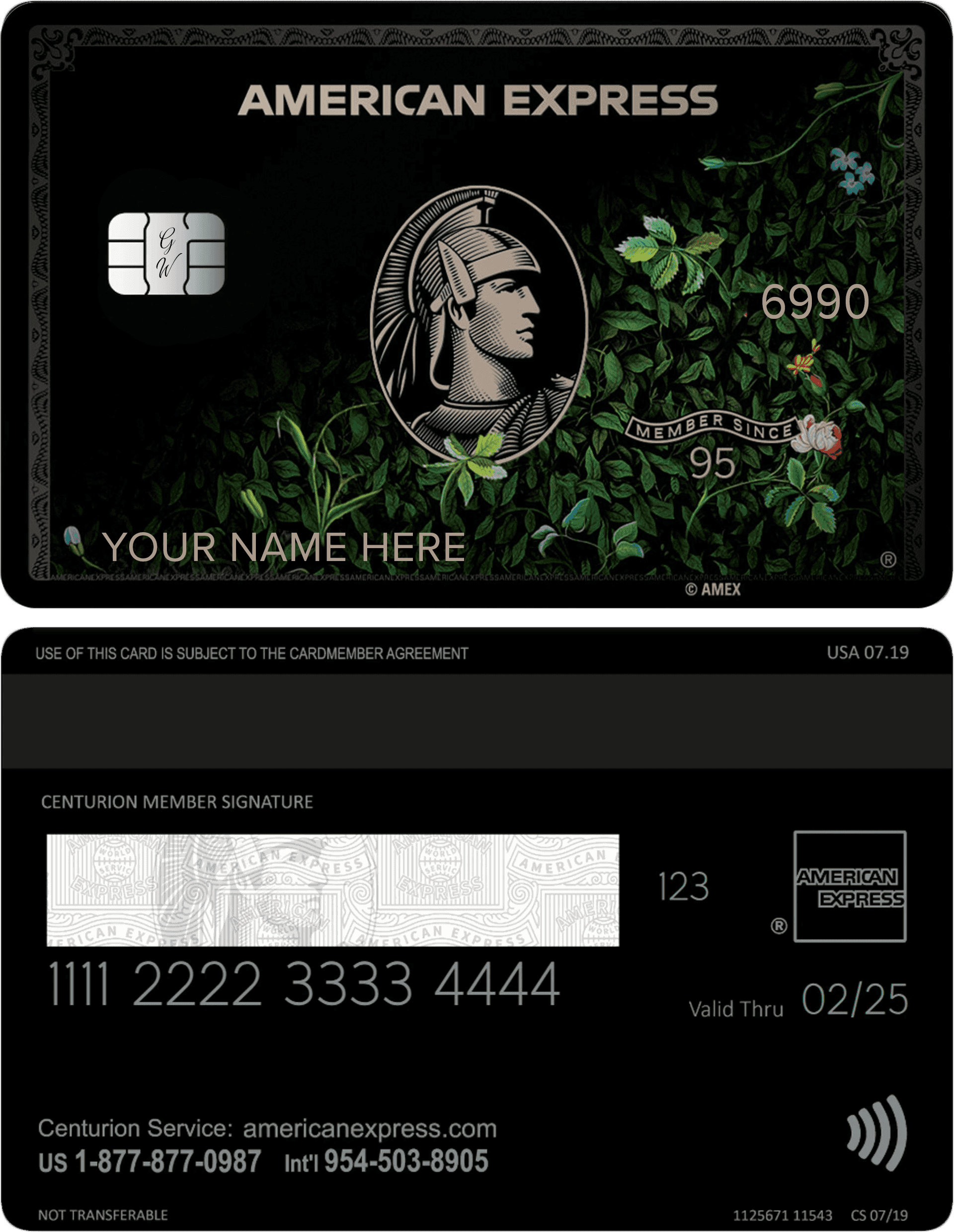 Metal American Express black card with floral design and Centurion logo on a leafy background.