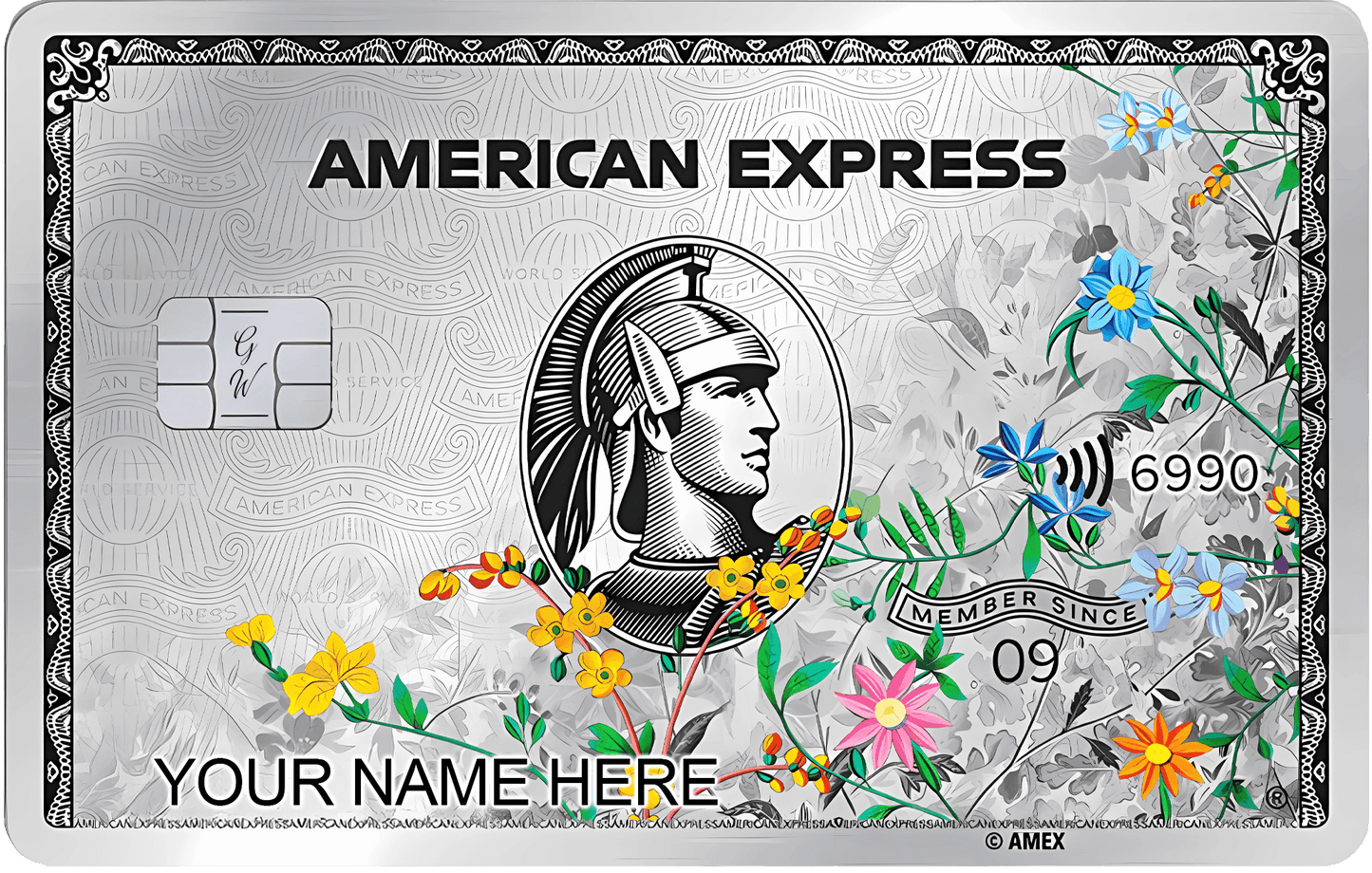 Custom metal American Express card with engraved floral design and embossed colored flowers.