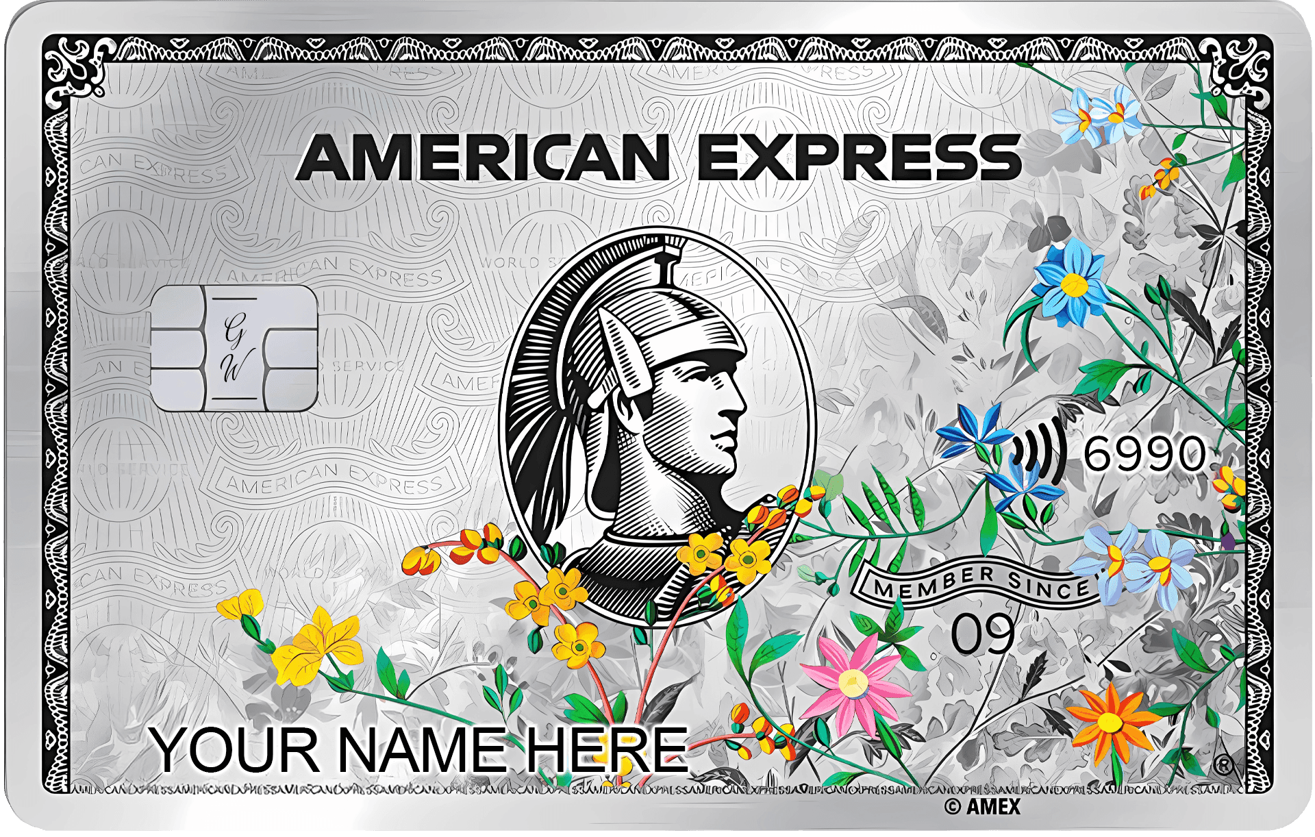Custom metal American Express card with engraved floral design and embossed colored flowers.