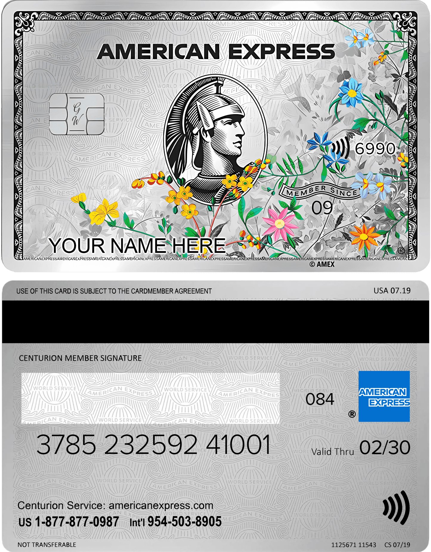 Metal American Express silver card with floral pattern and engraved Roman centurion design