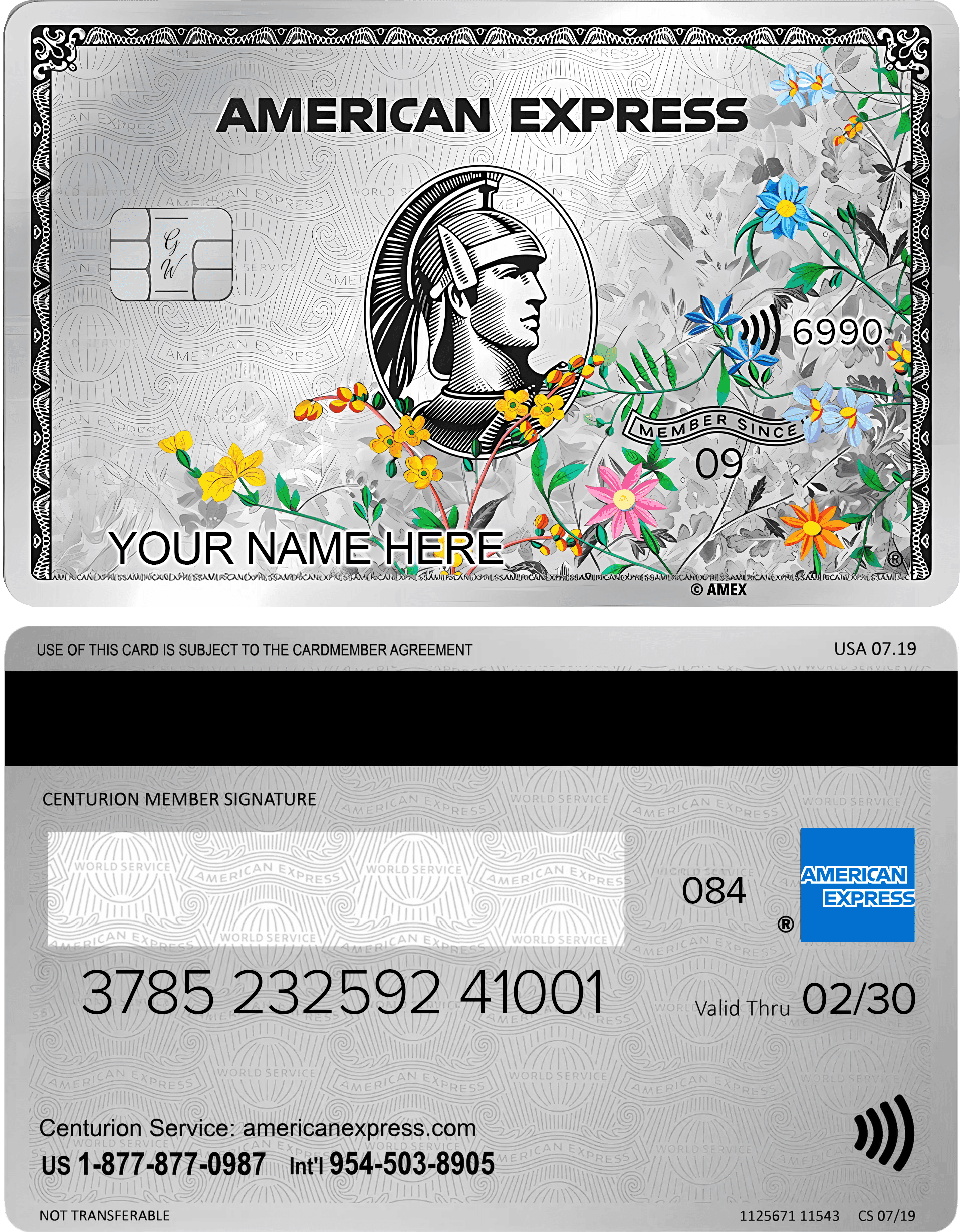 Metal American Express silver card with floral pattern and engraved Roman centurion design