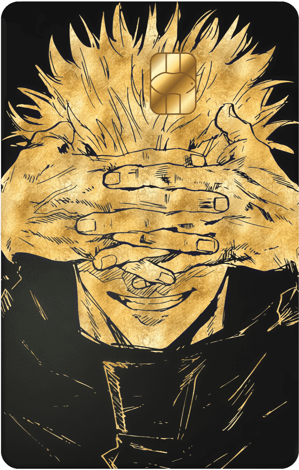 Gold metal card with anime character covering eyes, detailed etched black lines, chip visible