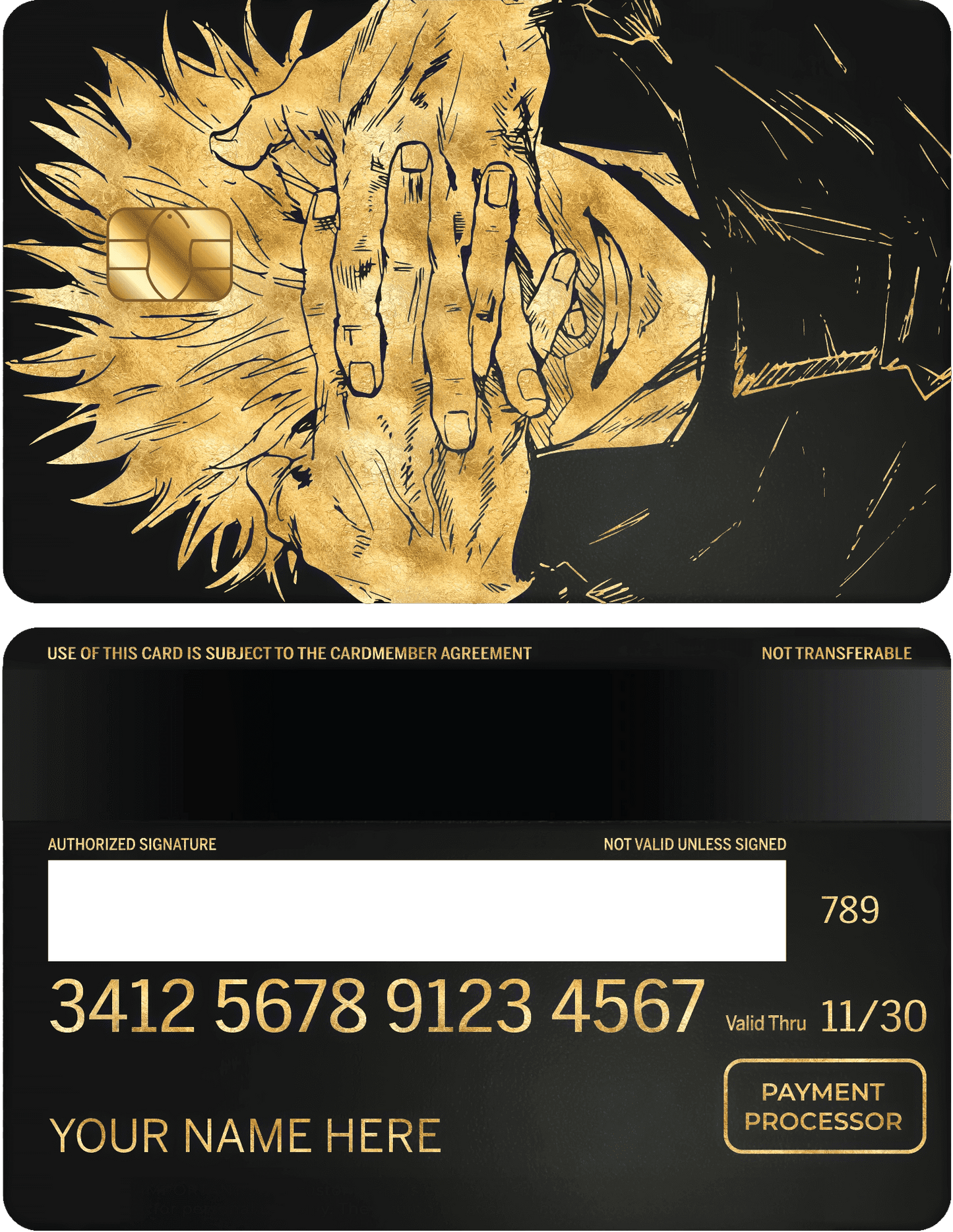 Custom metal card with gold anime character artwork, black background, and payment details.