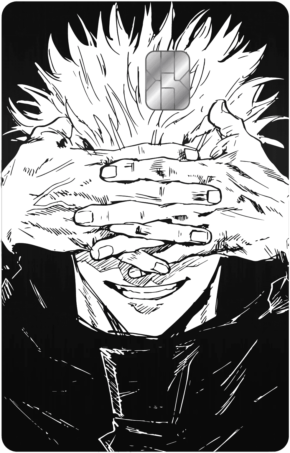 Black and white anime design metal card featuring a character covering their eyes with hands