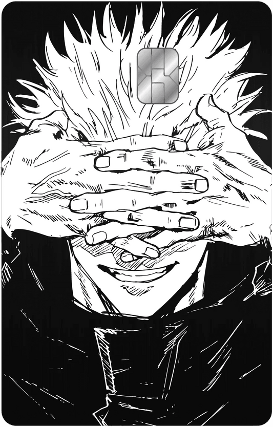 Black and white anime design metal card featuring a character covering their eyes with hands