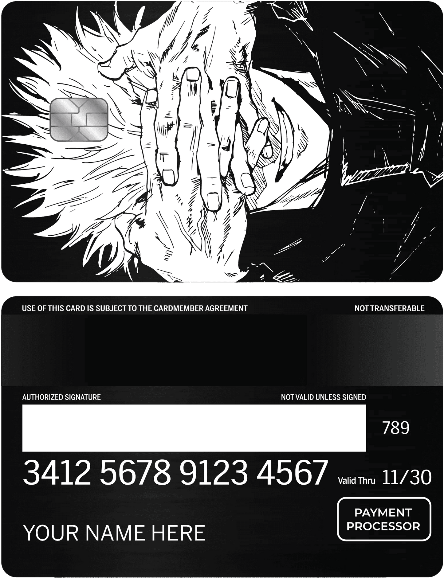 Anime-inspired metal card featuring a monochrome character with hands covering face, chip visible.
