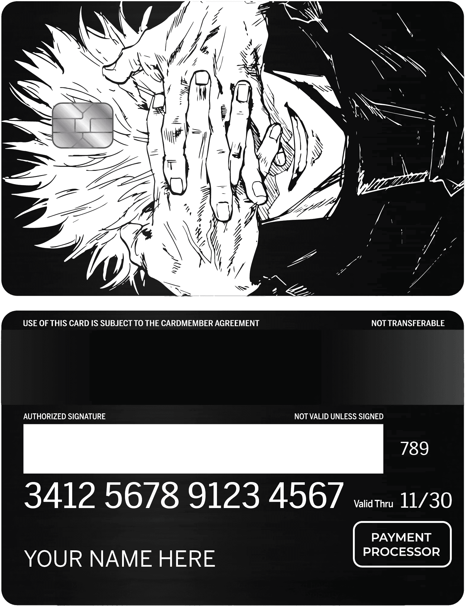 Anime-inspired metal card featuring a monochrome character with hands covering face, chip visible.