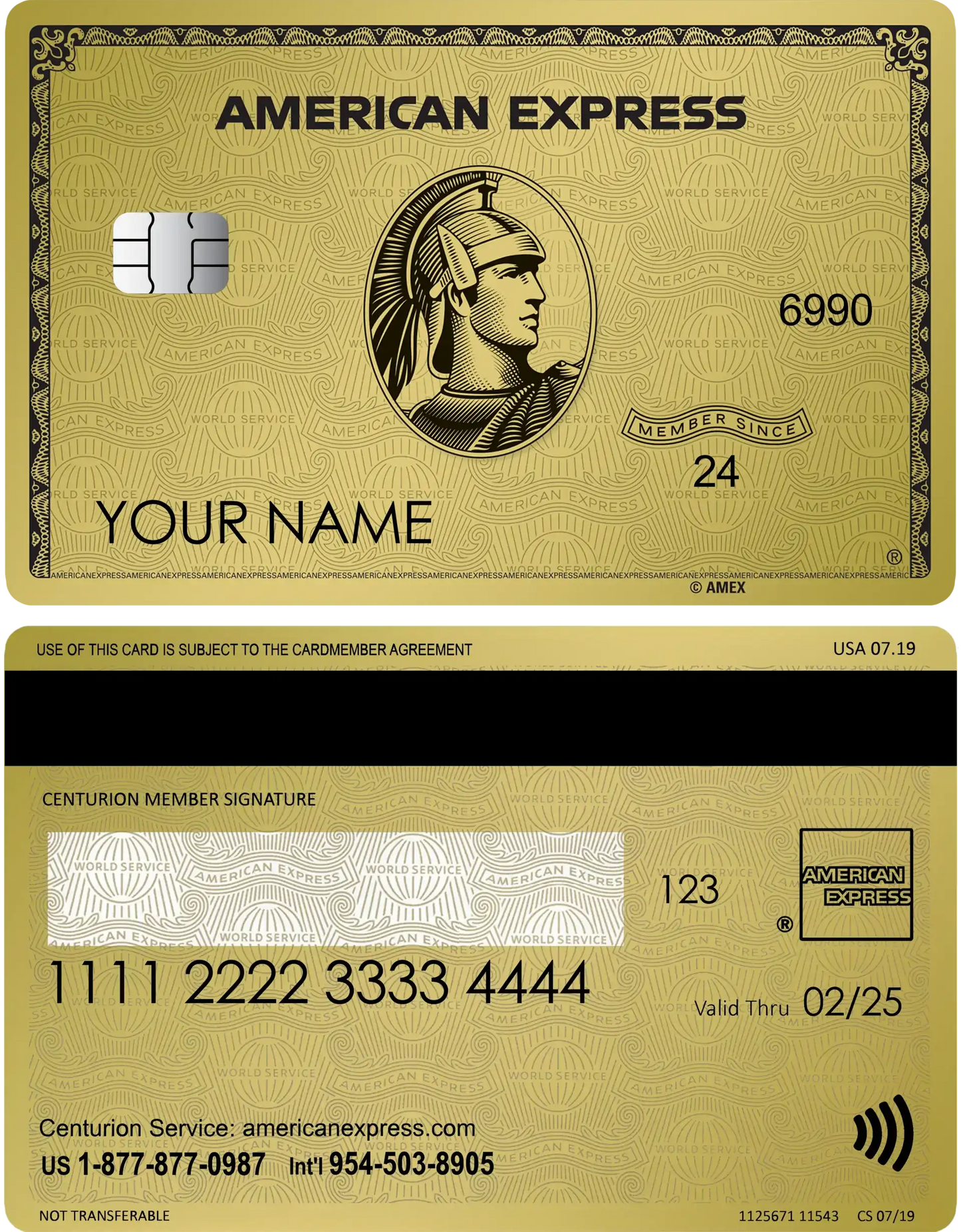Gold American Express metal card front and back with chip and centurion design