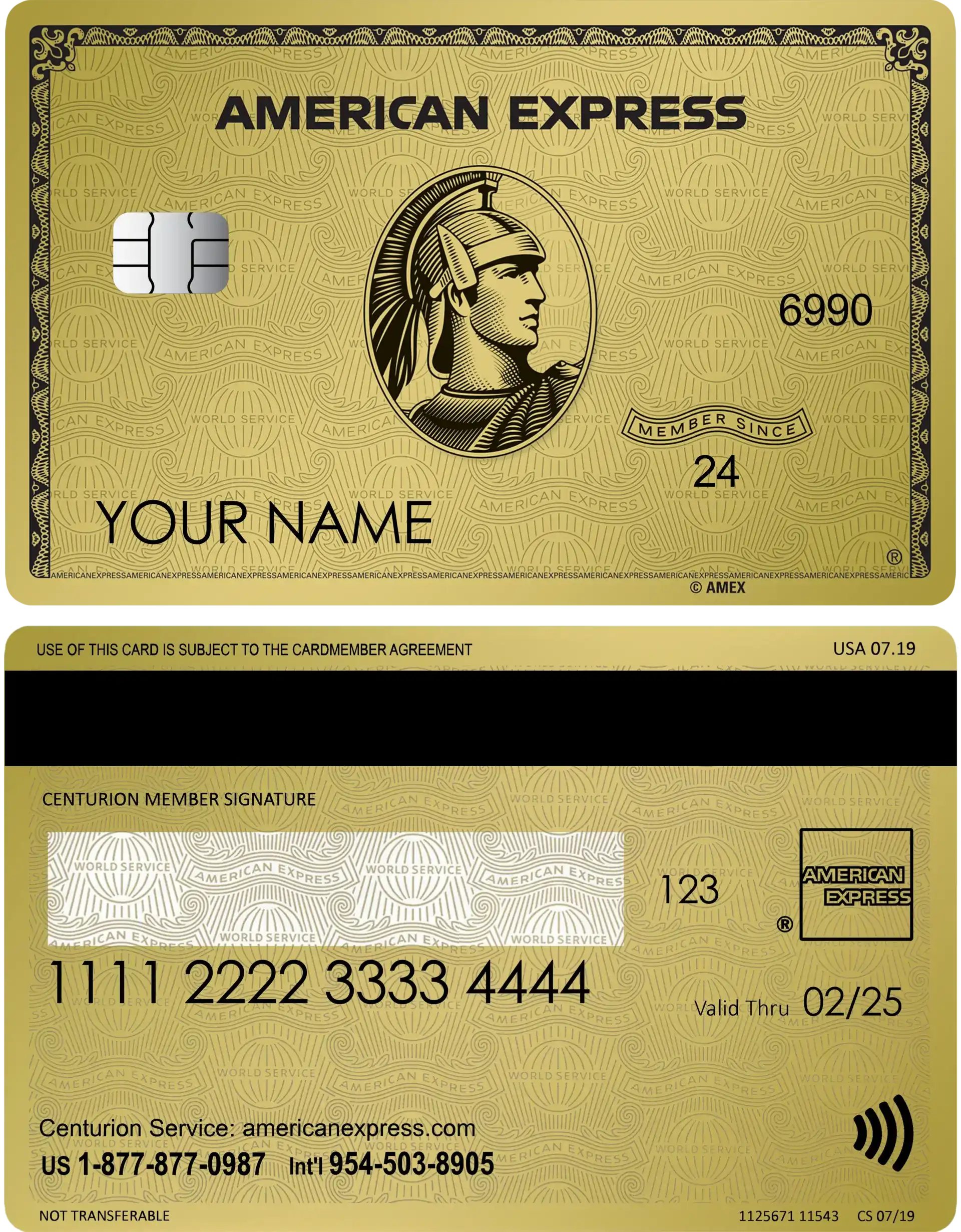 Gold American Express metal card front and back with chip and centurion design
