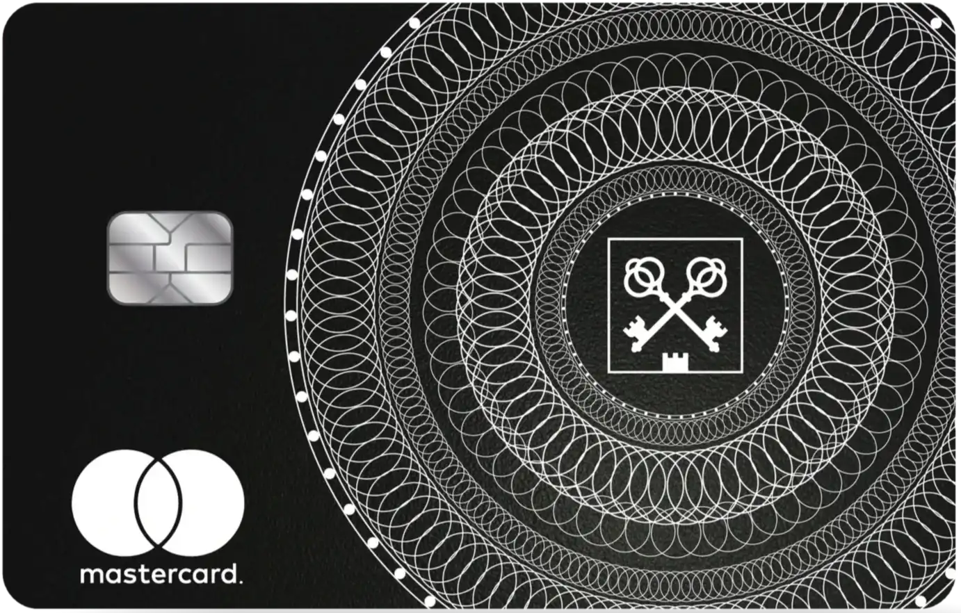 Black metal credit card with intricate white circular patterns, chip, and Mastercard logo