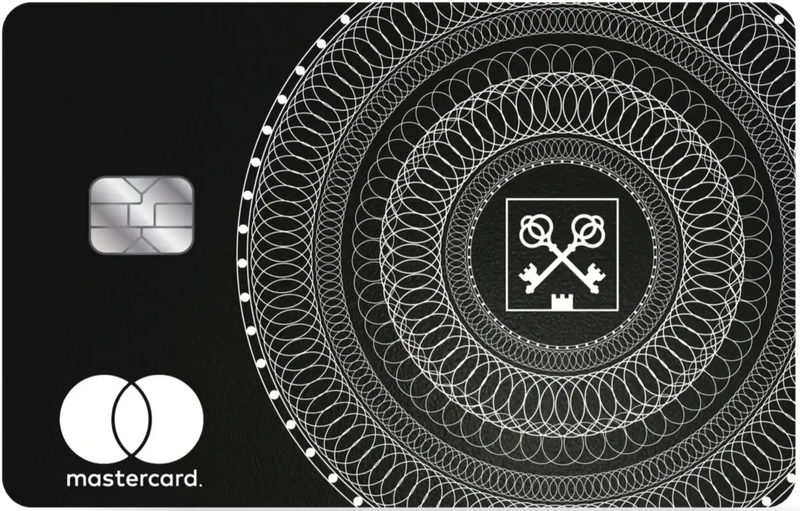Black metal credit card with intricate white circular patterns, chip, and Mastercard logo