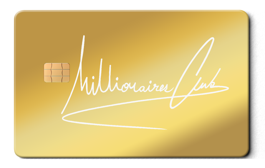 Gold metal card with 'Millionaires Club' script and chip, luxury metal card product