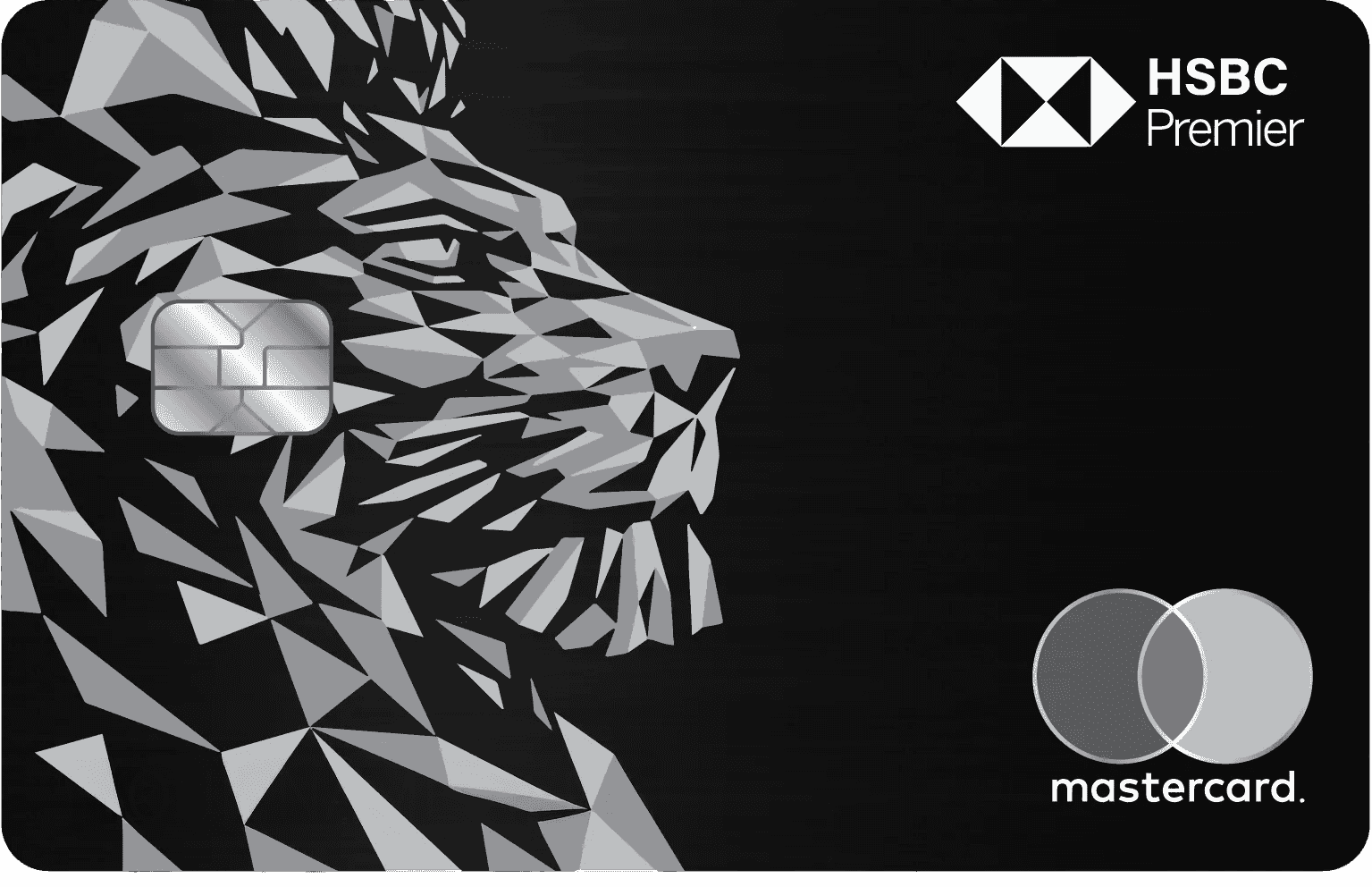 HSBC Premier metal card with geometric silver lion design and Mastercard logo on black