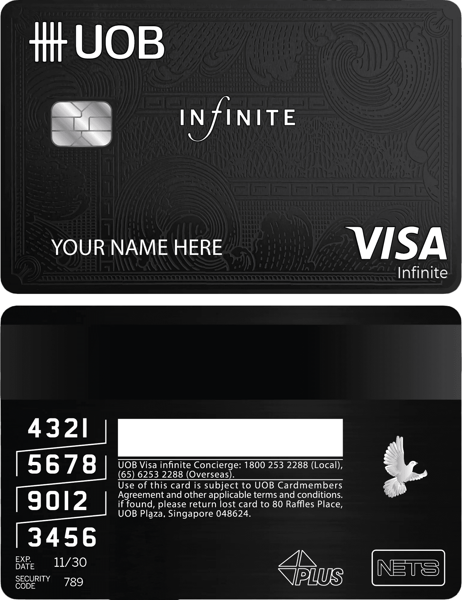 UOB Infinite Silver metal card with embossed patterns, Visa Infinite logo, and contact chip.
