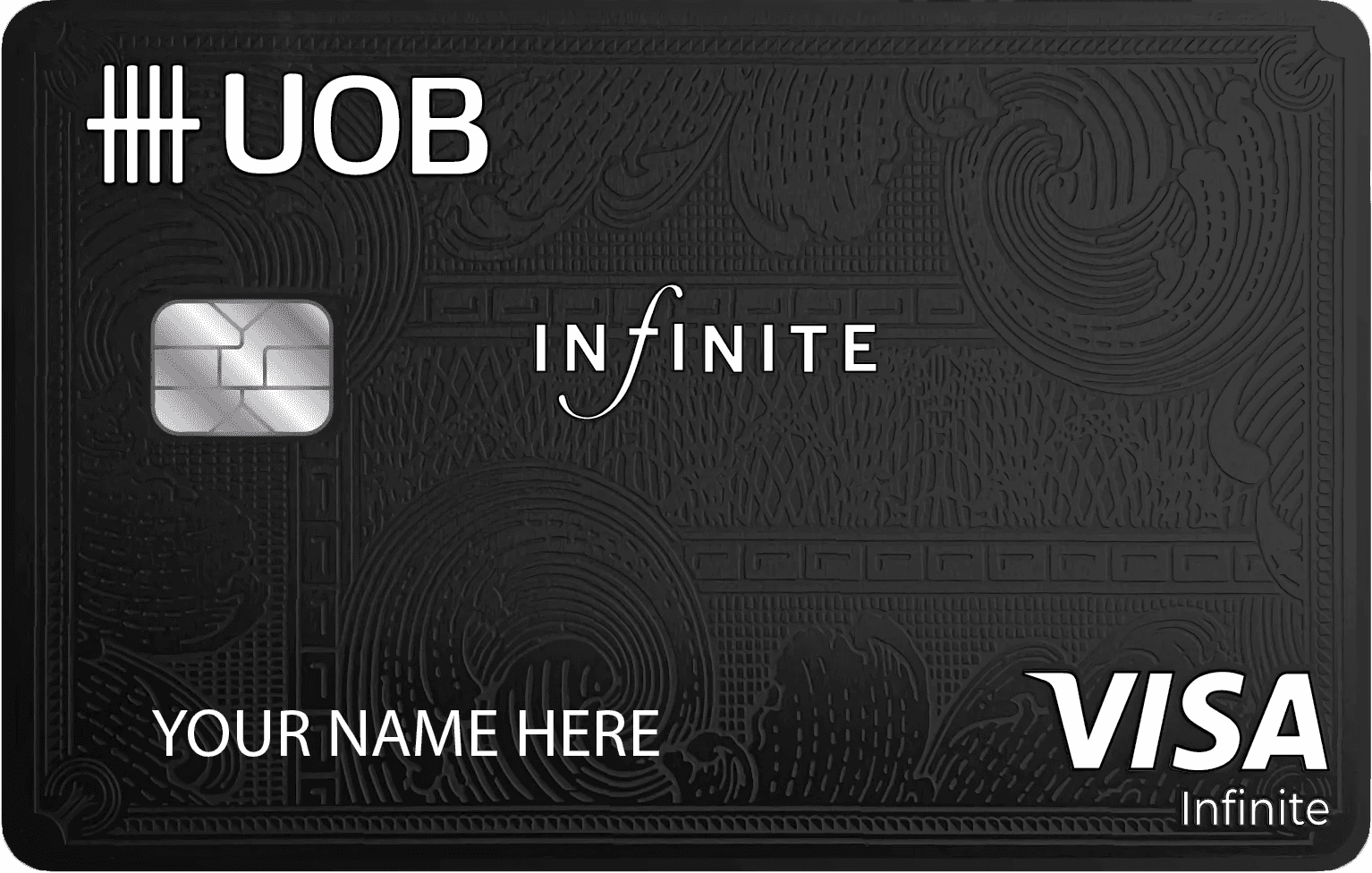 UOB Infinite black metal card with chip, engraved details, and Visa Infinite logo