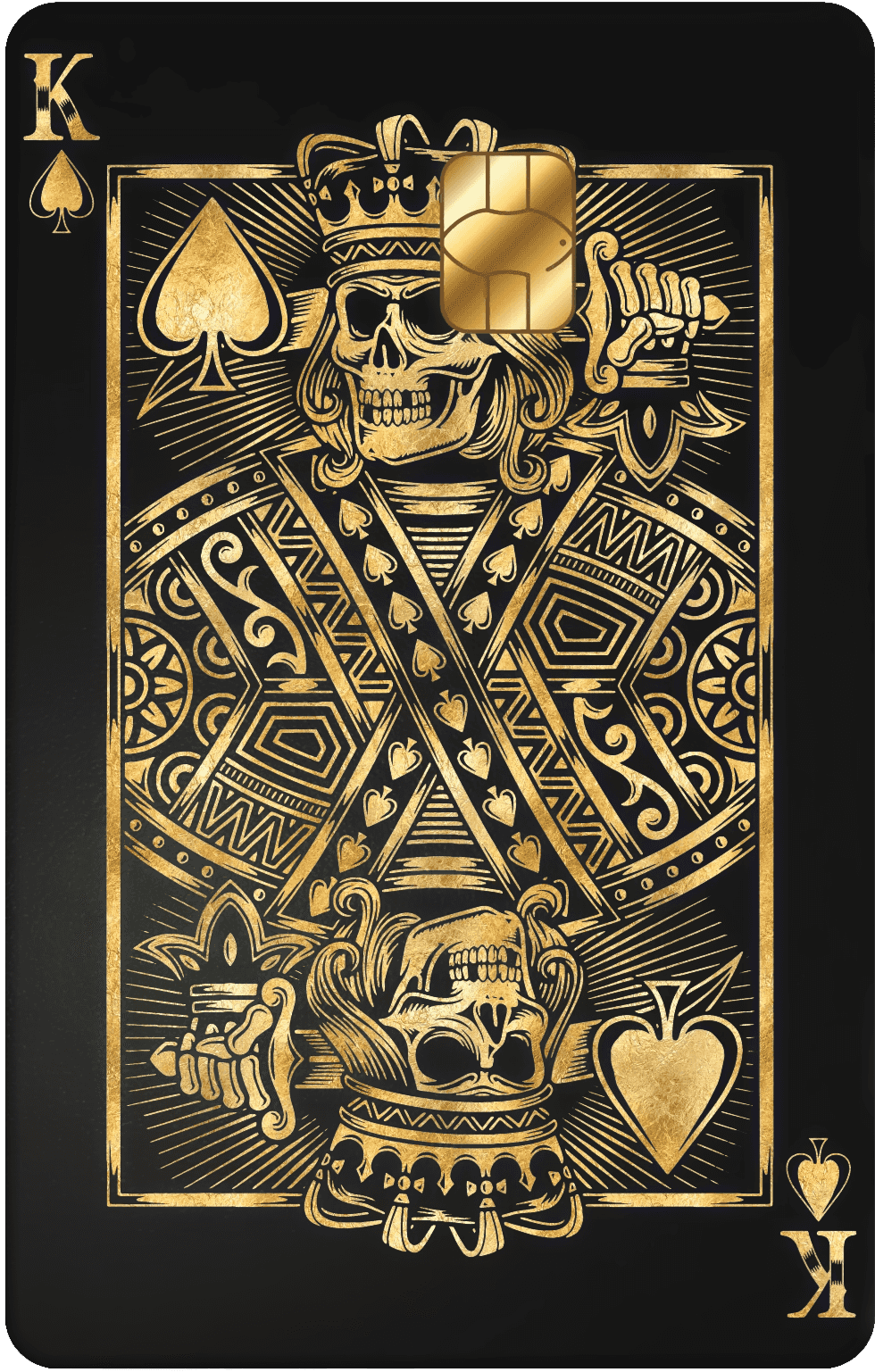 Gold metal card featuring king of spades skeleton design with chip on black background