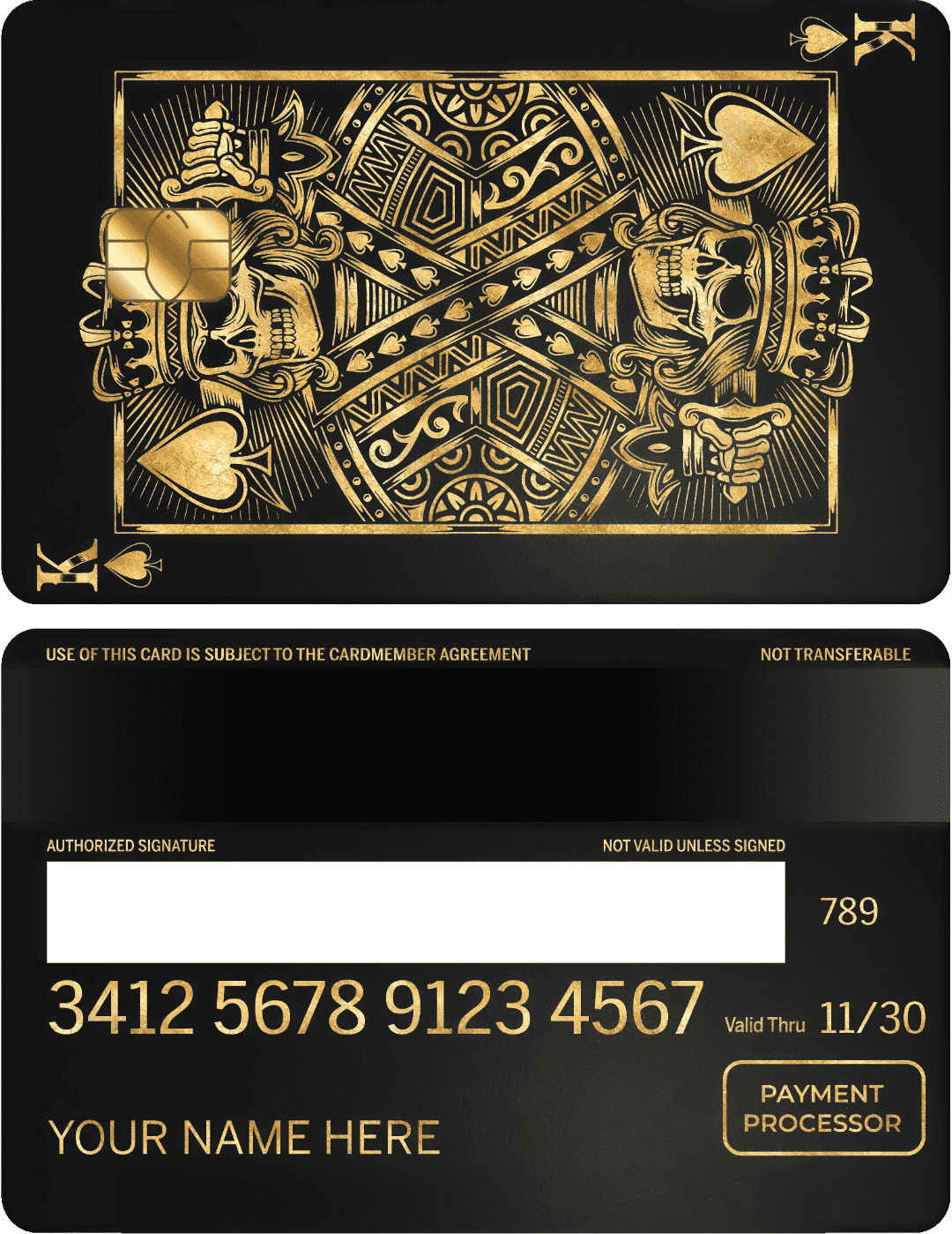 Gold King of Spades playing card design on a black metal credit card with gold details.