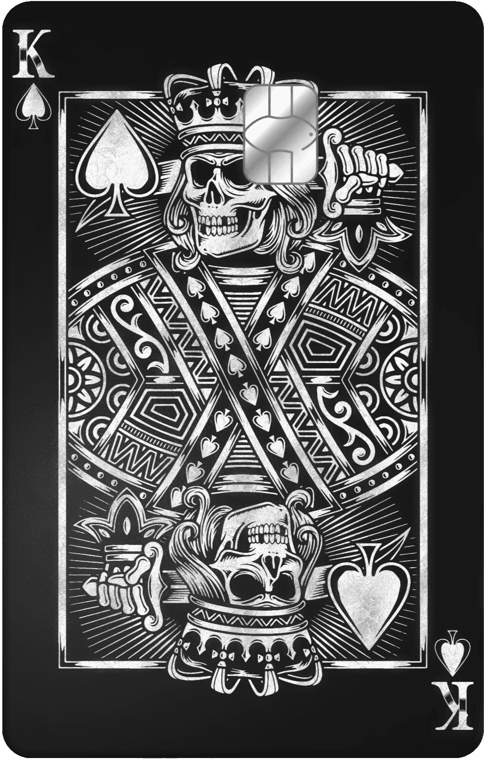 Metal King of Spades card with silver skull artwork and embedded chip on black background