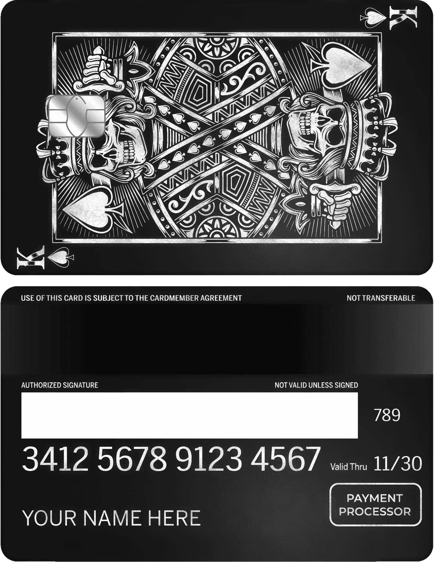 Silver metal card with King of Spades skull artwork, chip, and custom name engraving.