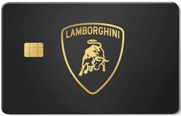 Lamborghini metal card with sleek modern professional design, Metal card with Lamborghini gold bull logo on matte black background, chip on left side