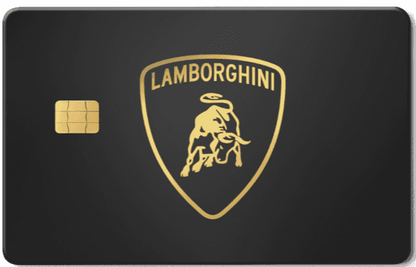 Luxury Lamborghini metal card crafted for elite international collectors, Lamborghini metal card with gold logo on matte black background, featuring EMV chip