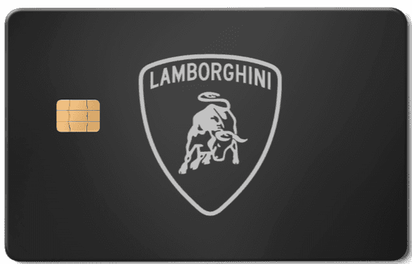 Black Lamborghini metal card with silver logo and chip