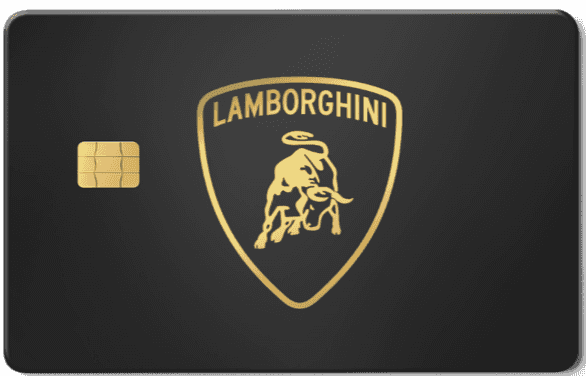Lamborghini metal card with gold logo on matte black background, featuring EMV chip