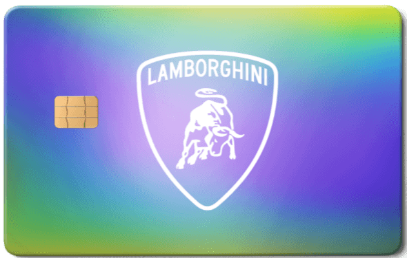 Lamborghini metal card with rainbow gradient background and chip