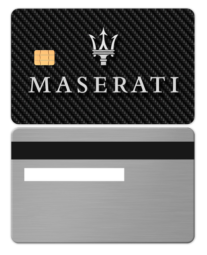 Custom engraved Maserati metal card with intricate design, premium metal card for international collectors