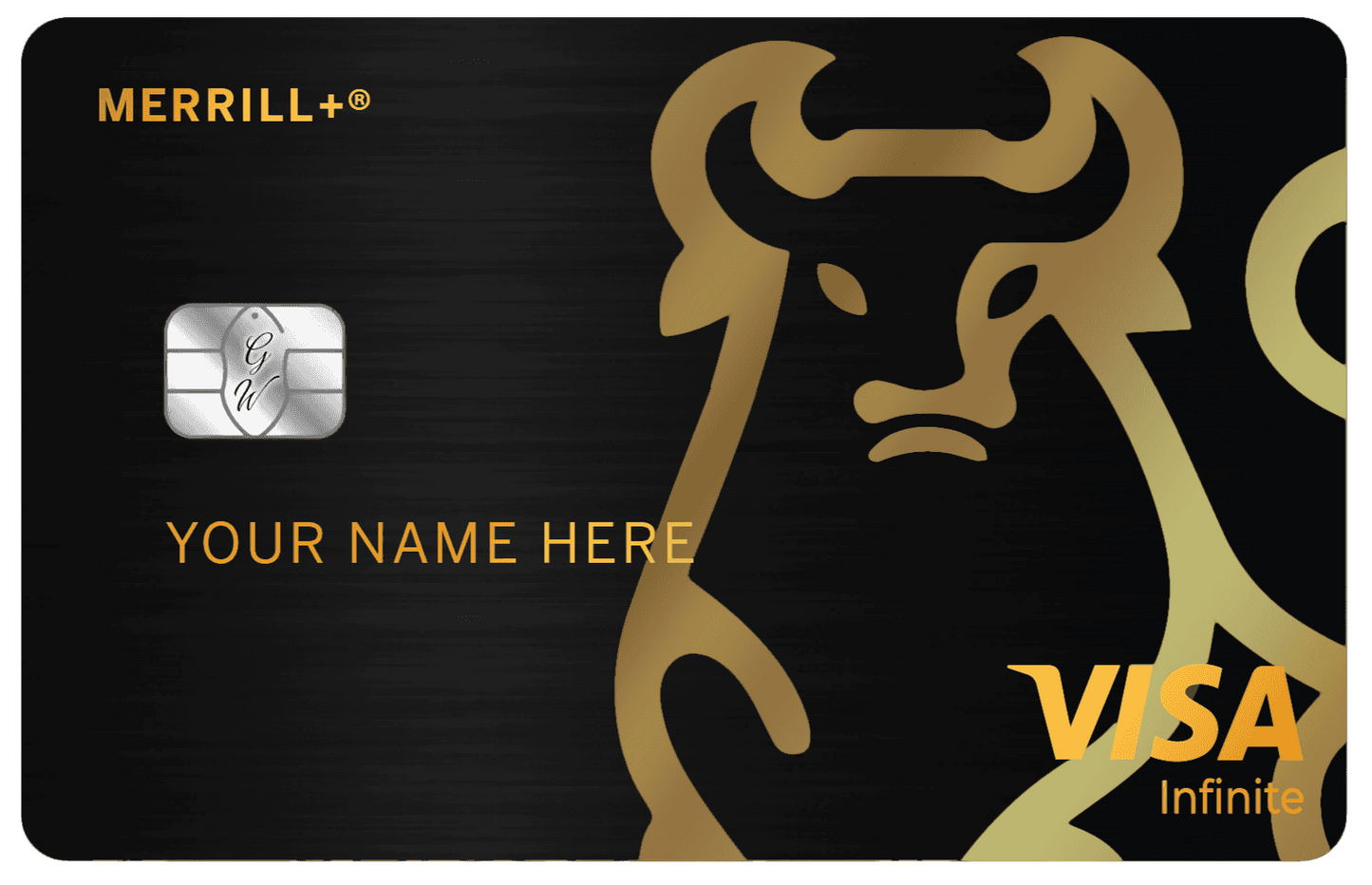Black and gold Merrill+ metal card with bull graphic, Visa Infinite logo, and EMV chip
