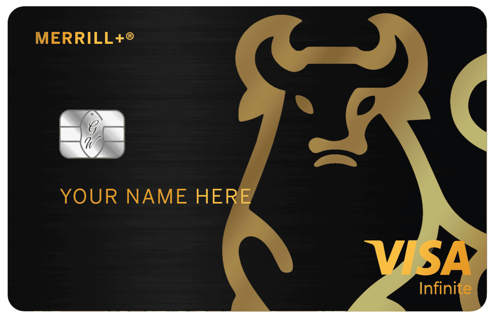 Black and gold Merrill+ metal card with bull graphic, Visa Infinite logo, and EMV chip