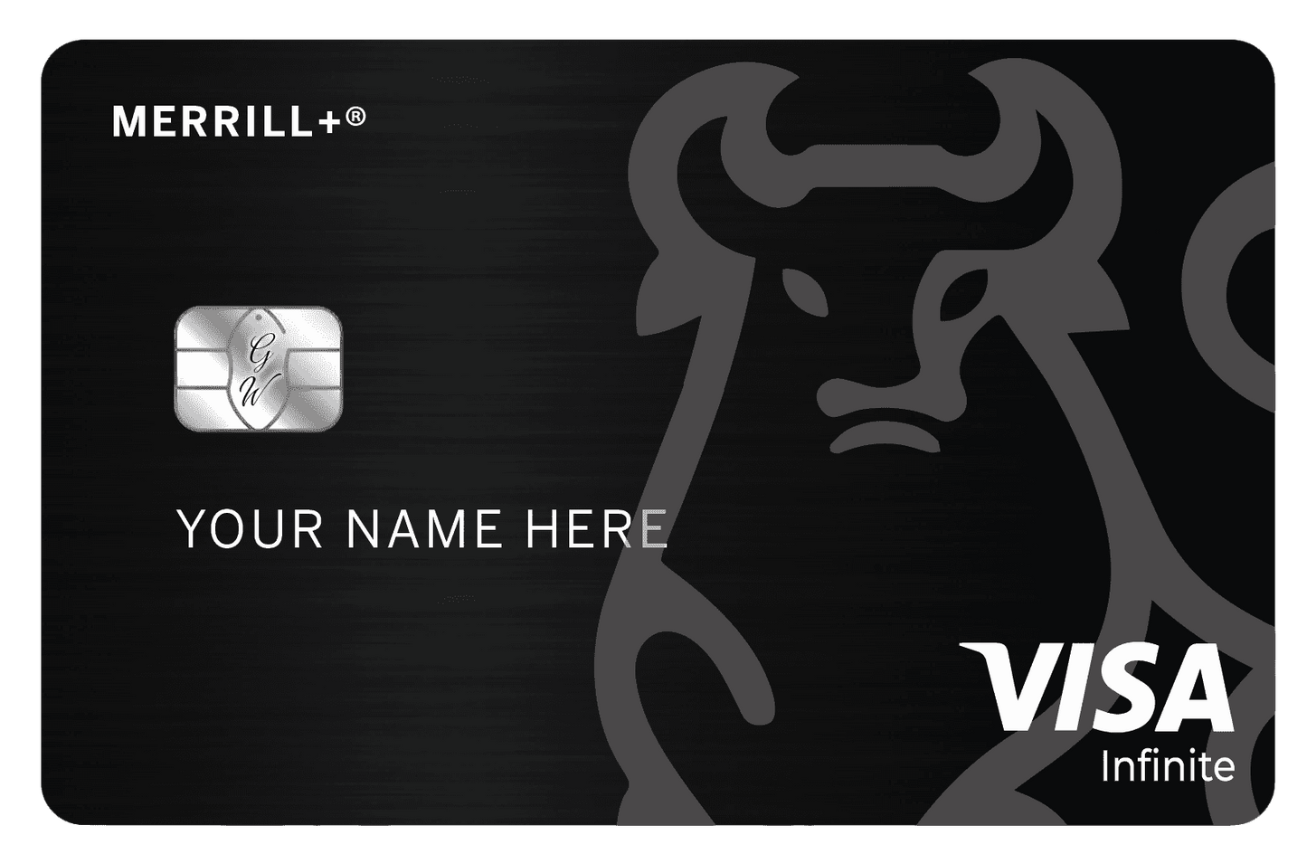 Merrill Plus metal credit card with black design, embossed bull graphic, and Visa Infinite logo