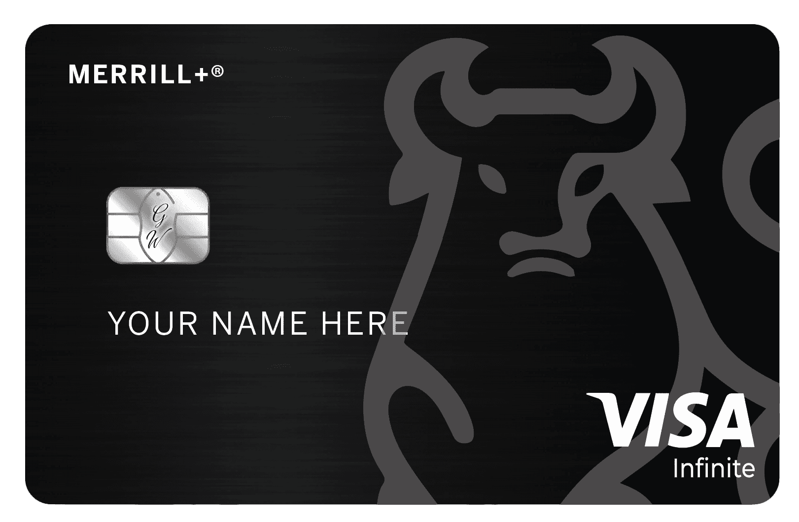 Merrill Plus metal credit card with black design, embossed bull graphic, and Visa Infinite logo