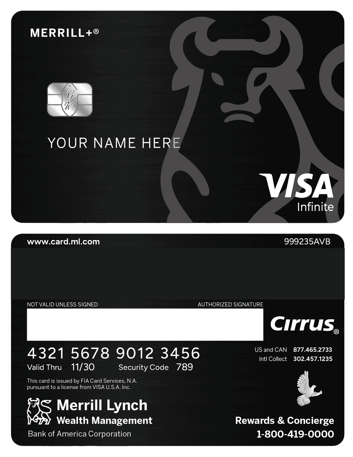 Merrill Lynch metal card, black design, bullish logo, Visa Infinite, luxury credit card.